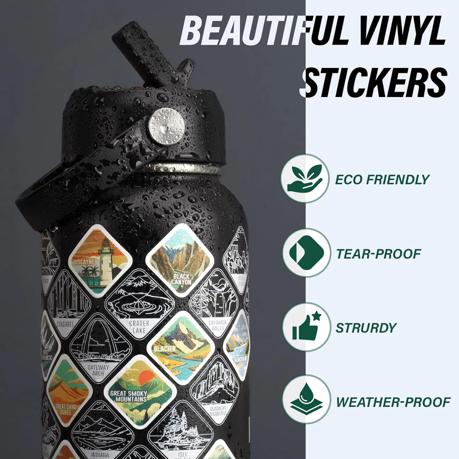 National Parks Water Bottle – 32 oz Insulated Stainless Steel Thermos with 63 Hand-Drawn Park Stickers, Outdoor Accessories & Gift Box – BPA-Free – Ideal for Hiking, Camping & Travel