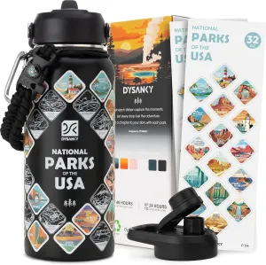 National Parks Water Bottle – 32 oz Insulated Stainless Steel Thermos with 63 Hand-Drawn Park Stickers, Outdoor Accessories & Gift Box – BPA-Free – Ideal for Hiking, Camping & Travel