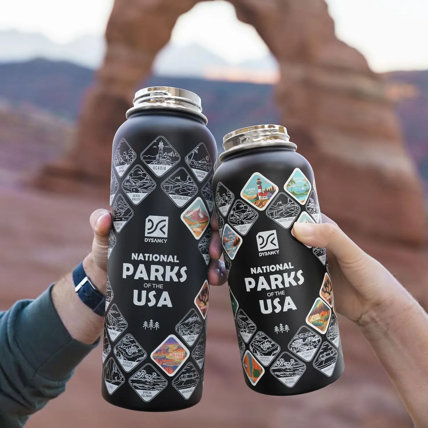 National Parks Water Bottle – 32 oz Insulated Stainless Steel Thermos with 63 Hand-Drawn Park Stickers, Outdoor Accessories & Gift Box – BPA-Free – Ideal for Hiking, Camping & Travel