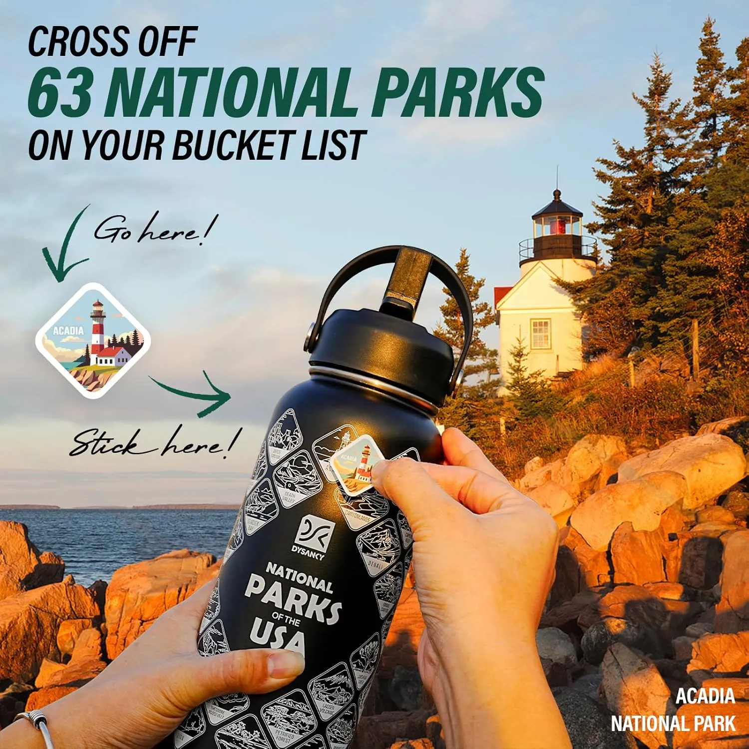 National Parks Water Bottle – 32 oz Insulated Stainless Steel Thermos with 63 Hand-Drawn Park Stickers, Outdoor Accessories & Gift Box – BPA-Free – Ideal for Hiking, Camping & Travel