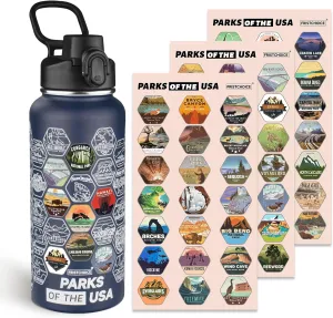 National Parks Water Bottle with 63 Waterproof Stickers,32oz Double Wall Vacuum Stainless Steel Wide Mouth Insulated Travel Water Bottle with Spout Lid,BPA-free and Leak-proof (32oz,Navy blue)