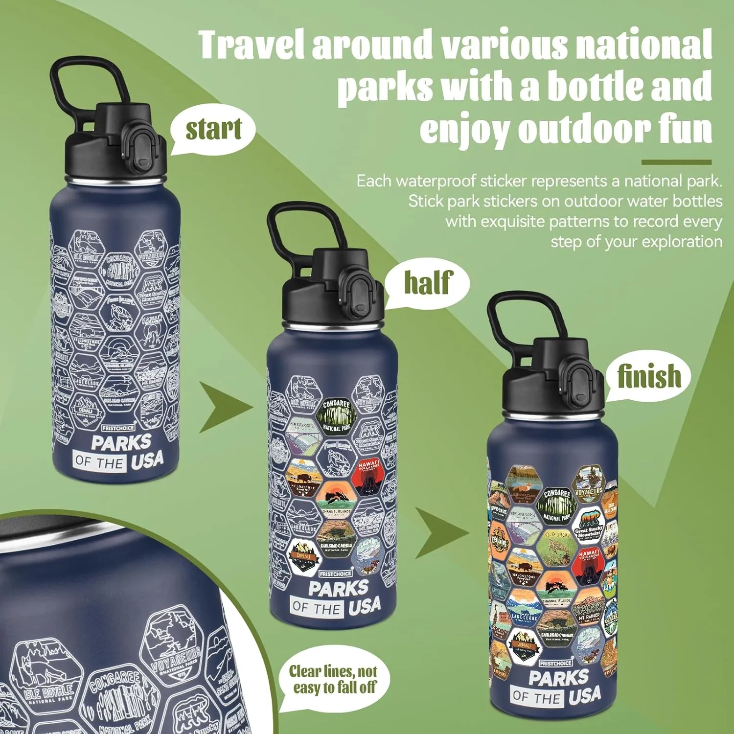 National Parks Water Bottle with 63 Waterproof Stickers,32oz Double Wall Vacuum Stainless Steel Wide Mouth Insulated Travel Water Bottle with Spout Lid,BPA-free and Leak-proof (32oz,Navy blue)