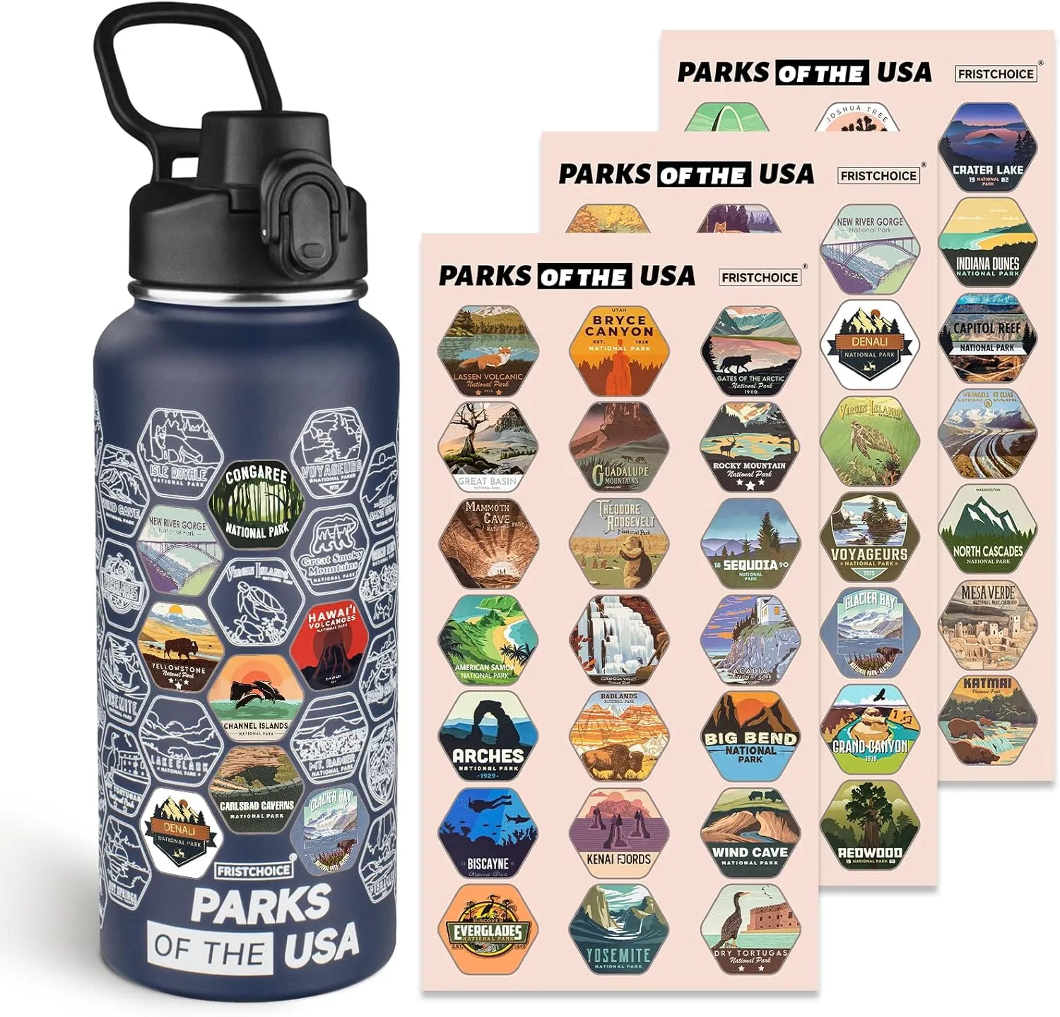 National Parks Water Bottle with 63 Waterproof Stickers,32oz Double Wall Vacuum Stainless Steel Wide Mouth Insulated Travel Water Bottle with Spout Lid,BPA-free and Leak-proof (32oz,Navy blue)