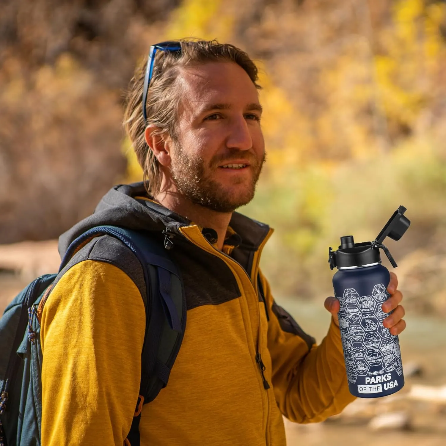 National Parks Water Bottle with 63 Waterproof Stickers,32oz Double Wall Vacuum Stainless Steel Wide Mouth Insulated Travel Water Bottle with Spout Lid,BPA-free and Leak-proof (32oz,Navy blue)