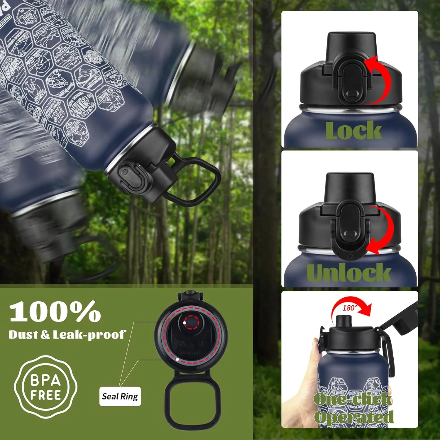 National Parks Water Bottle with 63 Waterproof Stickers,32oz Double Wall Vacuum Stainless Steel Wide Mouth Insulated Travel Water Bottle with Spout Lid,BPA-free and Leak-proof (32oz,Navy blue)