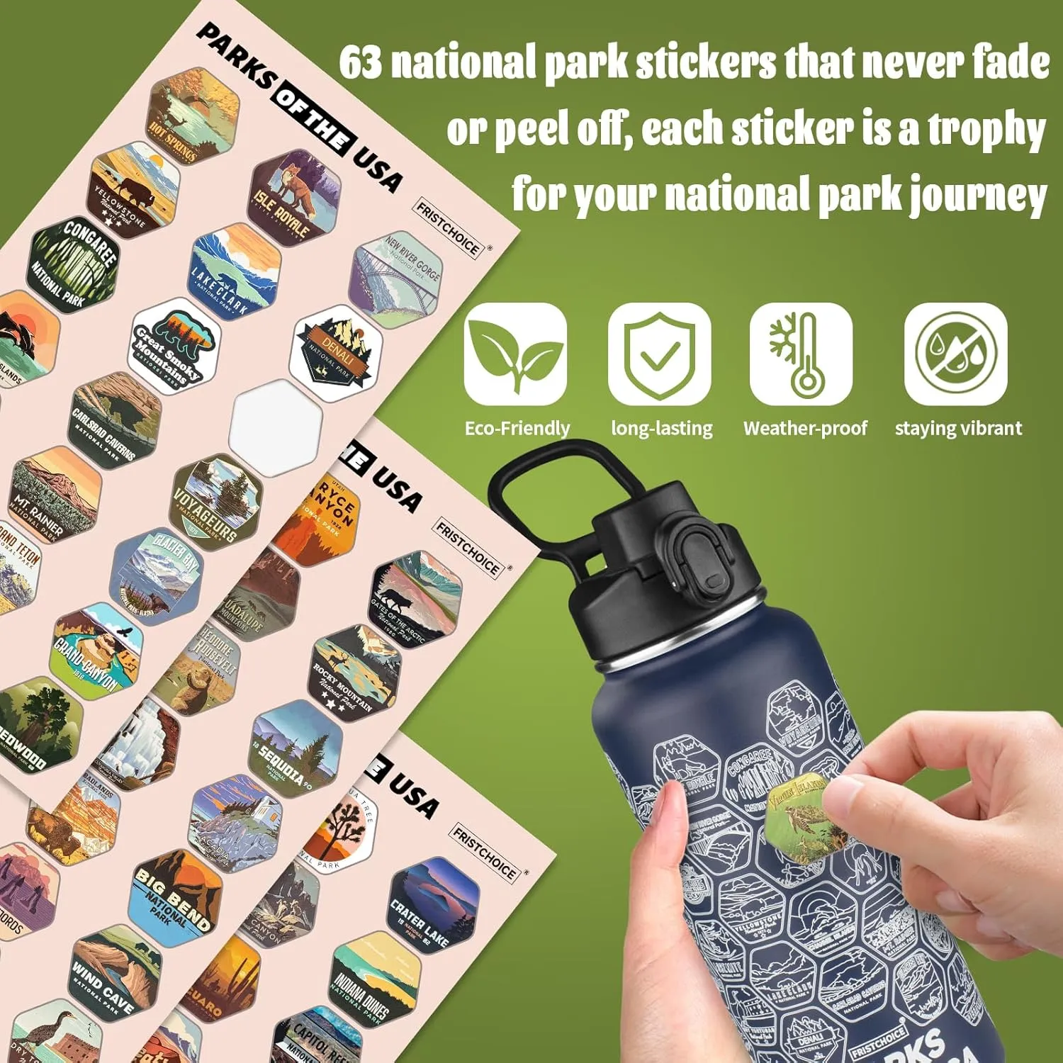 National Parks Water Bottle with 63 Waterproof Stickers,32oz Double Wall Vacuum Stainless Steel Wide Mouth Insulated Travel Water Bottle with Spout Lid,BPA-free and Leak-proof (32oz,Navy blue)