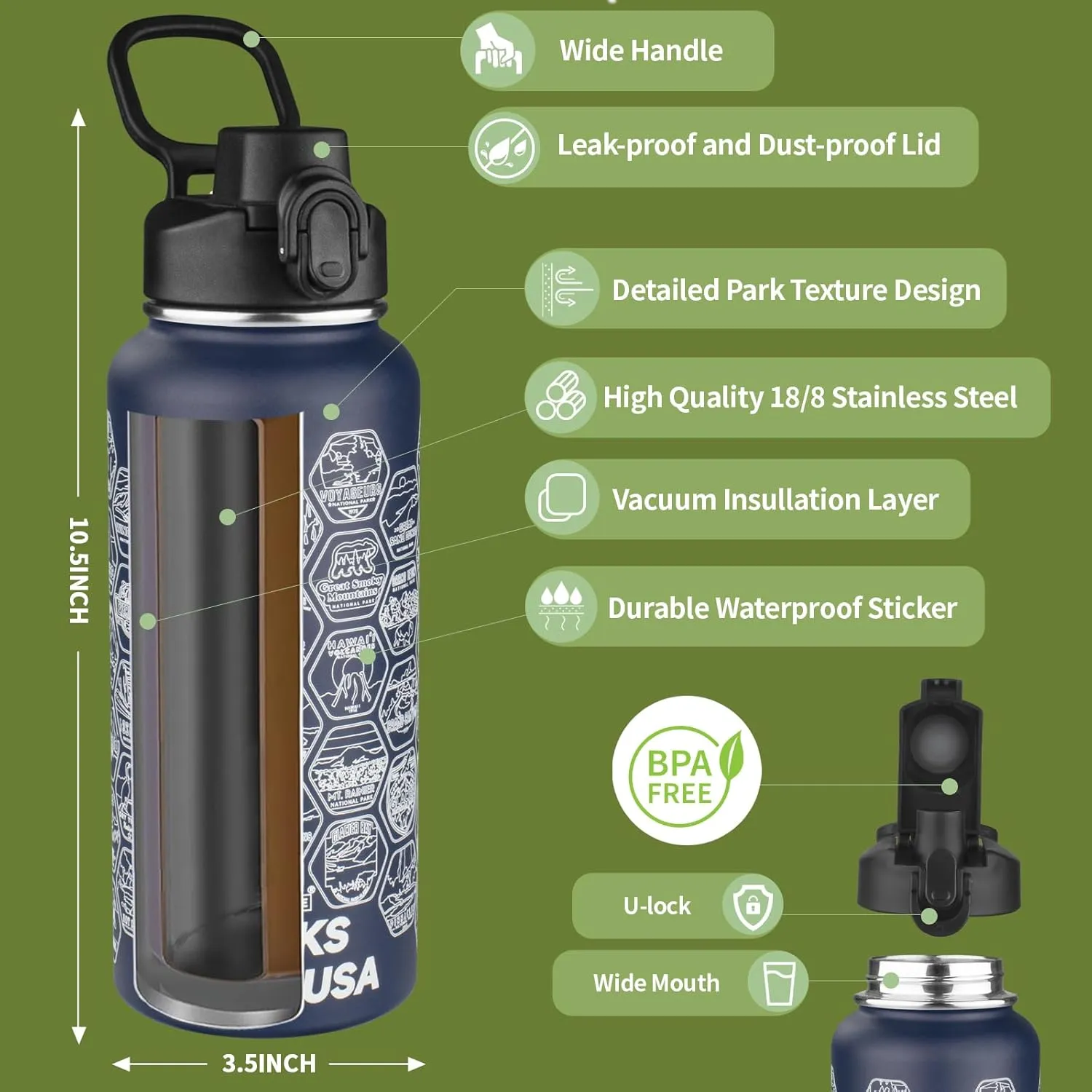 National Parks Water Bottle with 63 Waterproof Stickers,32oz Double Wall Vacuum Stainless Steel Wide Mouth Insulated Travel Water Bottle with Spout Lid,BPA-free and Leak-proof (32oz,Navy blue)