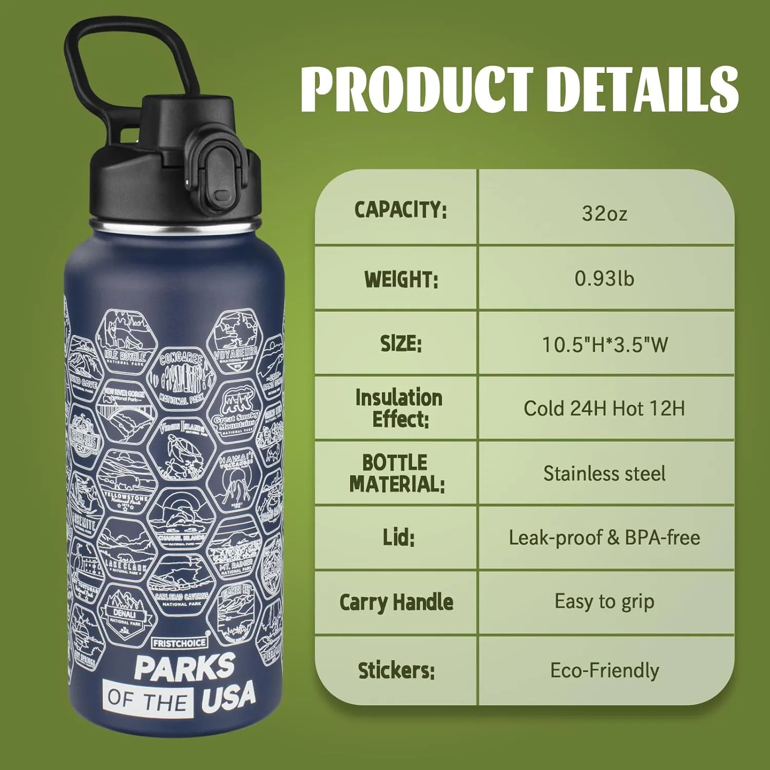 National Parks Water Bottle with 63 Waterproof Stickers,32oz Double Wall Vacuum Stainless Steel Wide Mouth Insulated Travel Water Bottle with Spout Lid,BPA-free and Leak-proof (32oz,Navy blue)