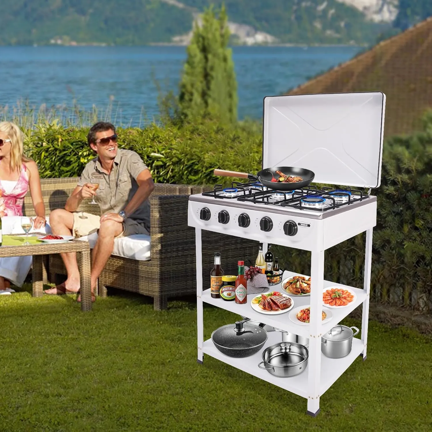 Natural Gas Stove, 5 Burner Natural Gas Burner Portable Camping Stove Manual Ignition Gas Stove with Support Leg Stand and Wind Blocking Cover for RV, Apartment, Outdoor Cooking