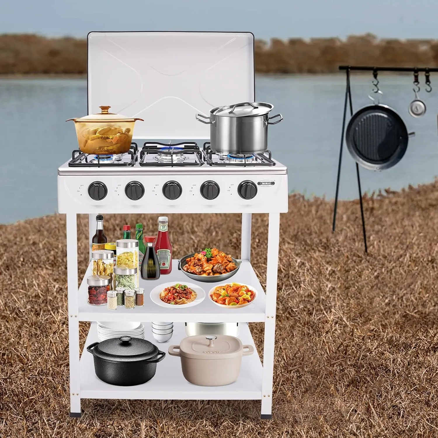 Natural Gas Stove, 5 Burner Natural Gas Burner Portable Camping Stove Manual Ignition Gas Stove with Support Leg Stand and Wind Blocking Cover for RV, Apartment, Outdoor Cooking