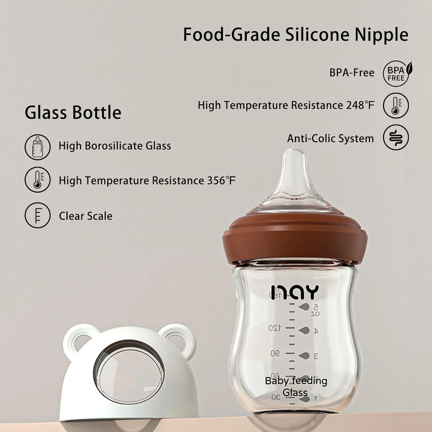 Natural Glass Baby Bottle for Breastfeeding Babies, 5.4oz Anti-Colic Baby Bottle with Natural Response Nipple(S), Clear, Wide Neck, 4 Pack, 1 Months 