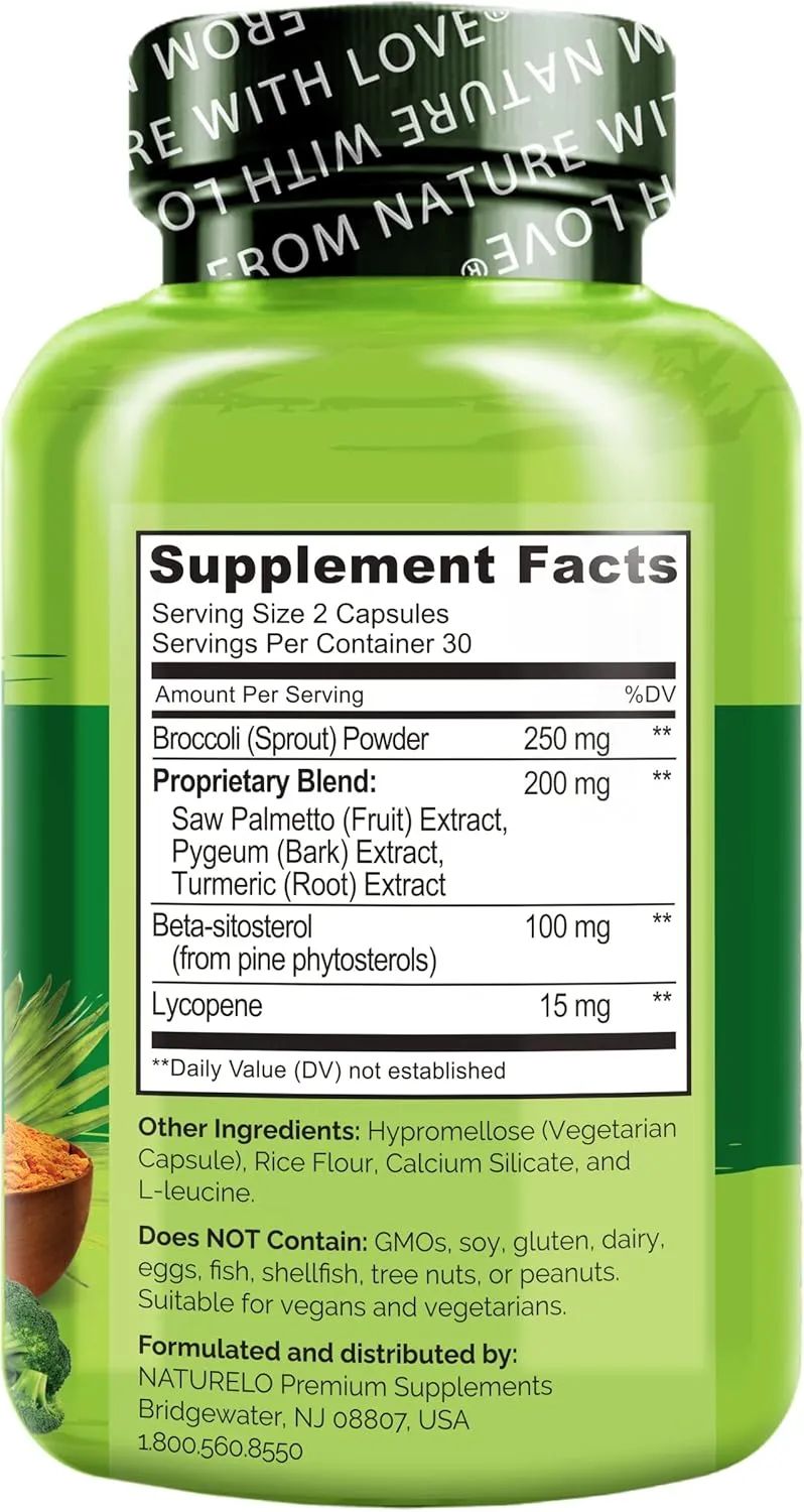 NATURELO Prostate & Urinary Health, Comprehensive Formula with Saw Palmetto, Pygeum, Tumeric, Plant Sterols, Broccoli and Lycopene, 60 Vegetarian Capsules (Pack of 2)