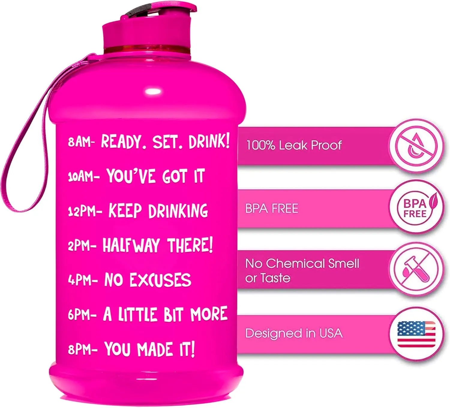 NatureWorks HydroMATE Half Gallon Water Bottle with Times to Drink BPA Free Leak Proof Reusable Jug with Handle 64 oz