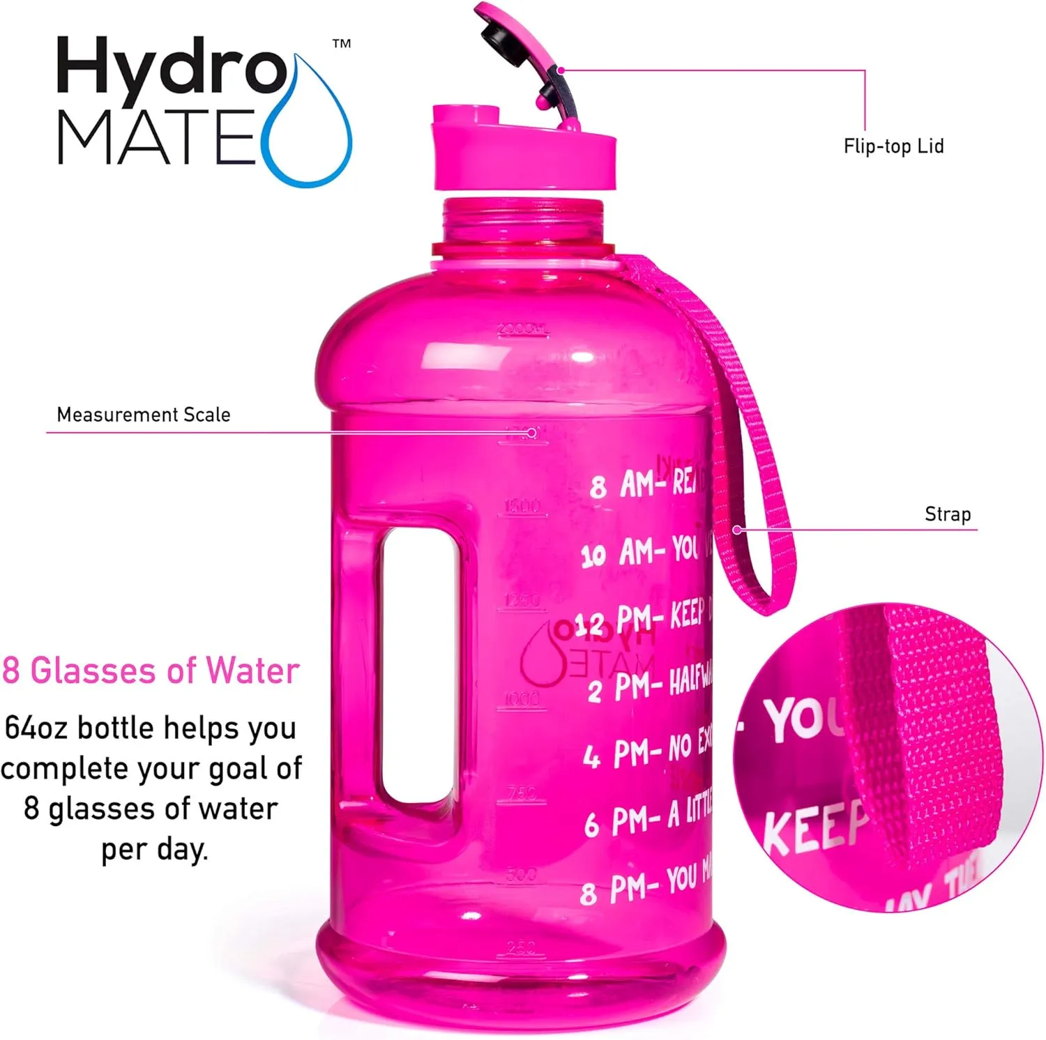 NatureWorks HydroMATE Half Gallon Water Bottle with Times to Drink BPA Free Leak Proof Reusable Jug with Handle 64 oz