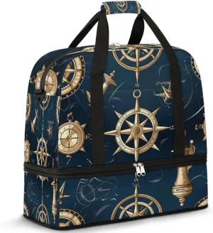Nautical Compass Retro Travel Duffel Bag for Women Men, Ocean Compass Sports Gym Bag with Shoes Compartment Foldable Overnight Bag Weekender Tote Workout Carry On Luggage Bag