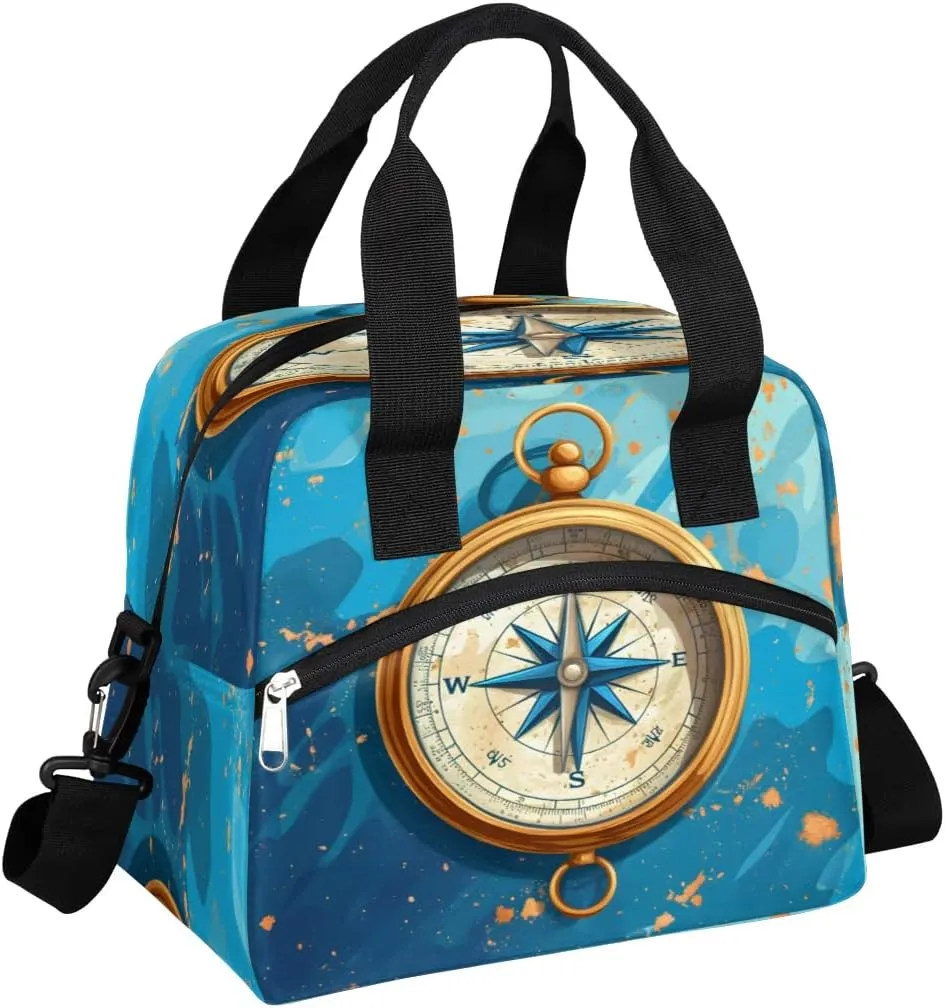 Navigation Compass Insulated Lunch Bag for Women, Reusable Lunch Box with Adjustable Shoulder Strap Leakproof Adults Lunch Tote Bags for Work Travel Picnic Camping