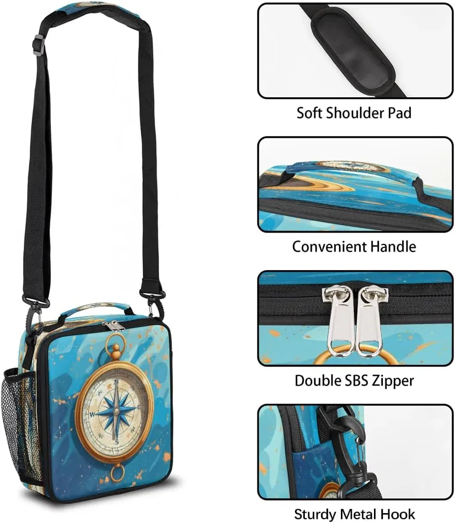 Navigation Compass Lunch Bag for Women/Men, Insulated Lunch Box with Adjustable Shoulder Strap, Zipper Lunch Tote Bag for Work Picnic Camping
