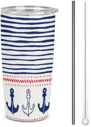 Navy Stripe and Anchors Stainless Steel Travel Coffee Mug with Lid Portable Insulated Tumbler Car Cup