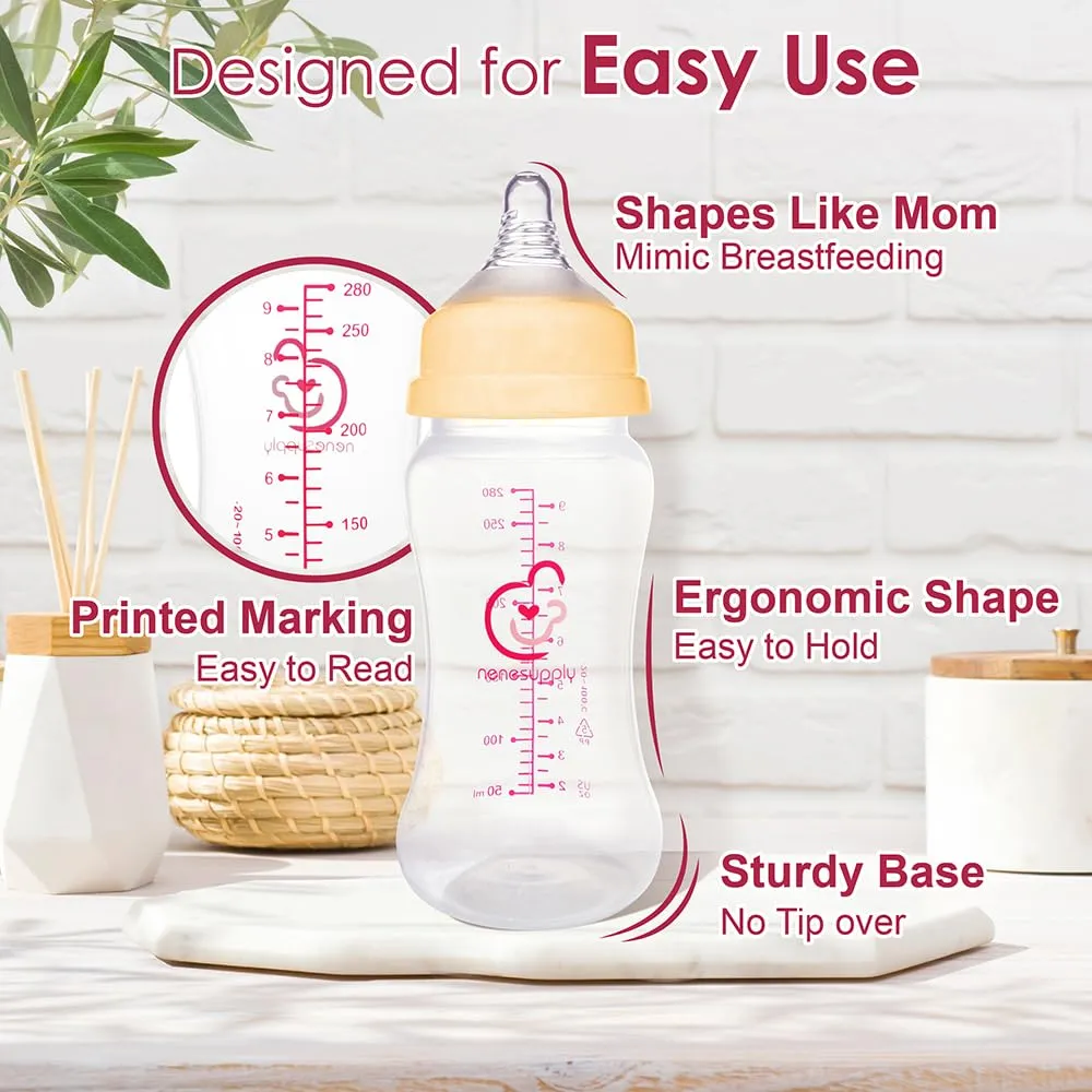 Nenesupply Natural Baby Bottles Newborn Feeding Bottles Slow Flow Breastfeeding Bottle for Breastfed Babies Wide Neck 9oz Anti Colic Level 2 Nipple for 1  Month Infant Replace Spectra Bottle Pumping
