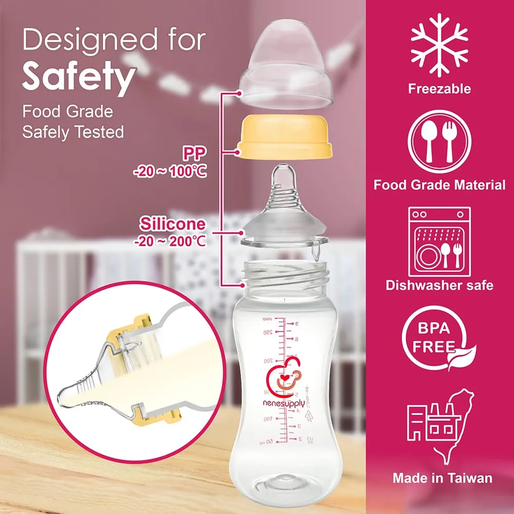 Nenesupply Natural Baby Bottles Newborn Feeding Bottles Slow Flow Breastfeeding Bottle for Breastfed Babies Wide Neck 9oz Anti Colic Level 2 Nipple for 1  Month Infant Replace Spectra Bottle Pumping