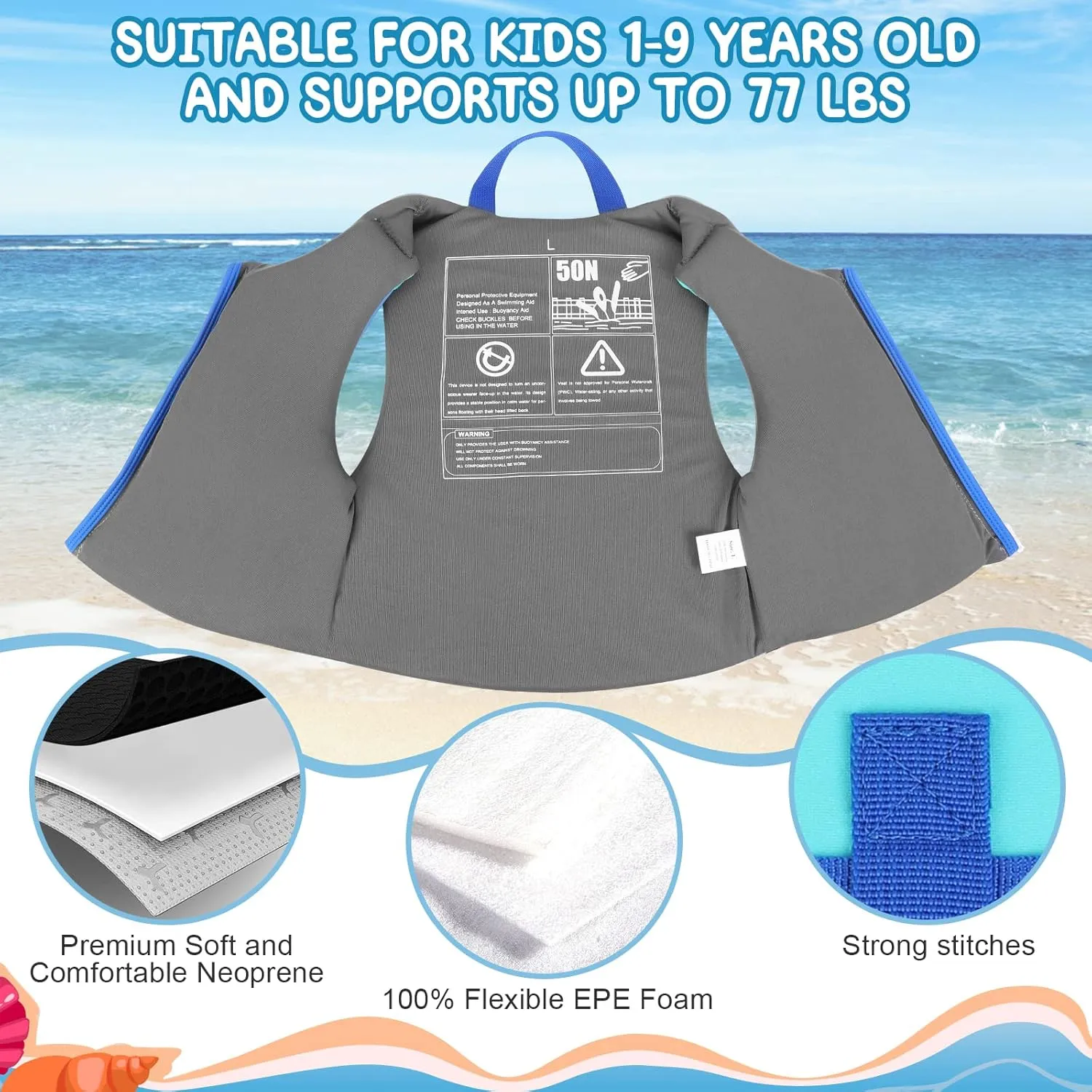 Neoprene Toddler Swim Vest for Children, Kids Swim Jacket Toddler Floaties Swimming Aid for 1-9 Years Old Boys and Girls