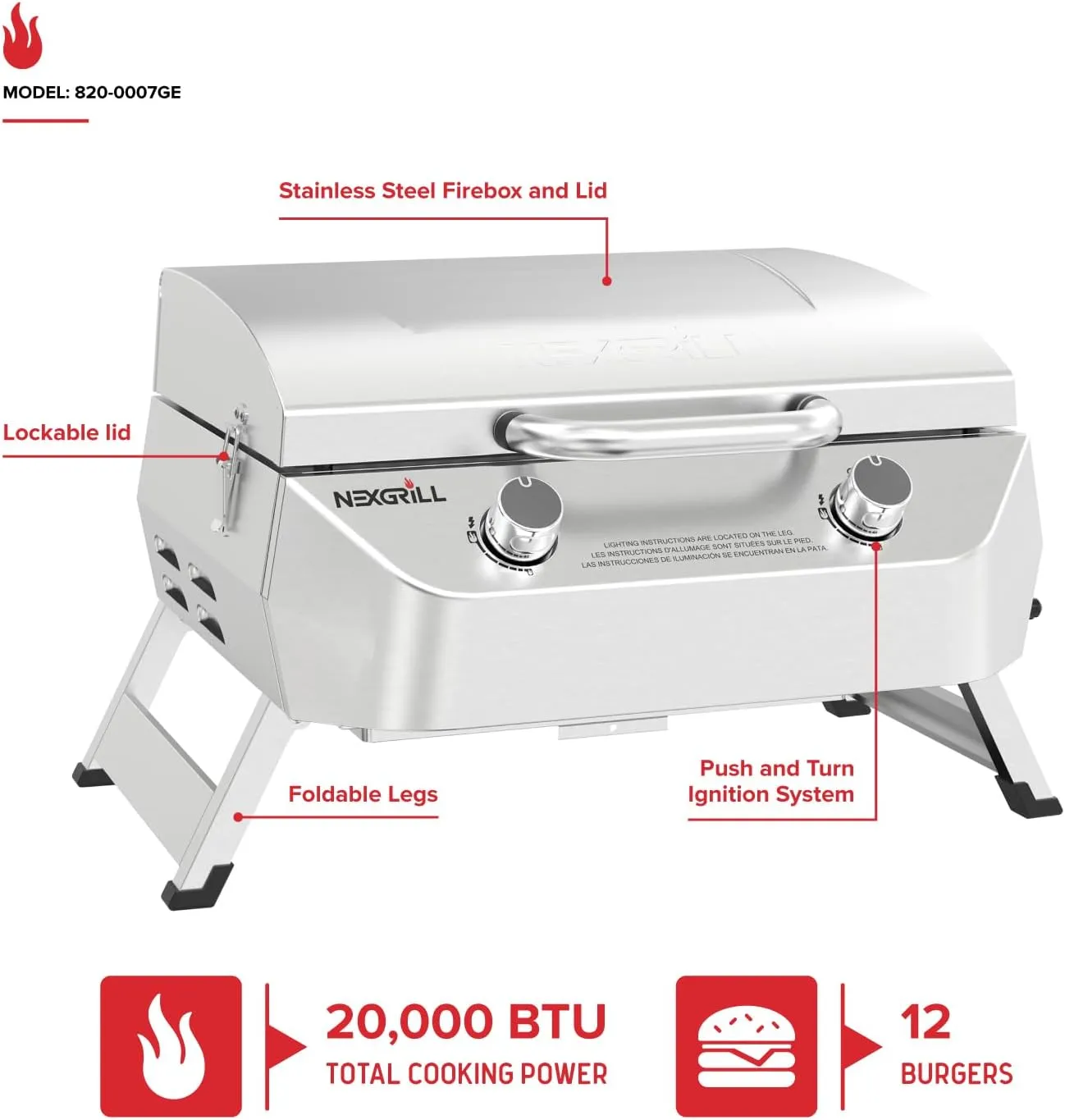 Nexgrill Stainless Steel 2-Burner Portable Gas Grill with Locking Lid, Folding Legs, 20,000 BTUs, 251 SQ In Cooking Space, Tabletop Grill for Camping, Outdoor Cooking, Patios, and More - 820-0007GE