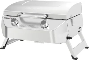 Nexgrill Stainless Steel 2-Burner Portable Gas Grill with Locking Lid, Folding Legs, 20,000 BTUs, 251 SQ In Cooking Space, Tabletop Grill for Camping, Outdoor Cooking, Patios, and More - 820-0007GE