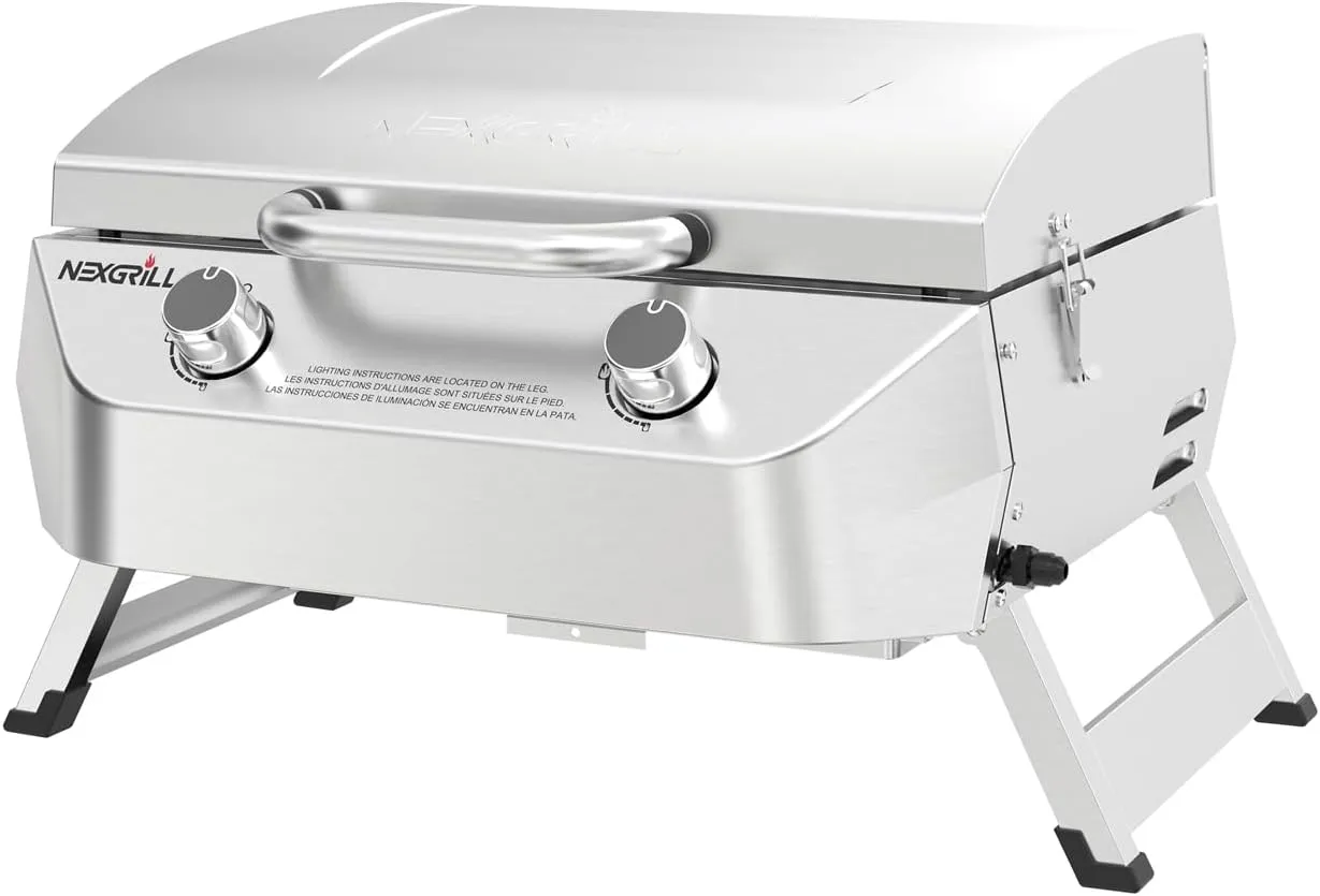 Nexgrill Stainless Steel 2-Burner Portable Gas Grill with Locking Lid, Folding Legs, 20,000 BTUs, 251 SQ In Cooking Space, Tabletop Grill for Camping, Outdoor Cooking, Patios, and More - 820-0007GE