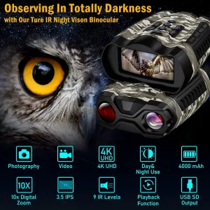 Night Vision Goggles,4K Night Vision Binoculars for Adult with 3.5" HD Screen,32GB TF Card for Photo and Video,9 Gear Infrared and 10X Digital Zoom for Outdoor Enthusiasts and Animal Watchers