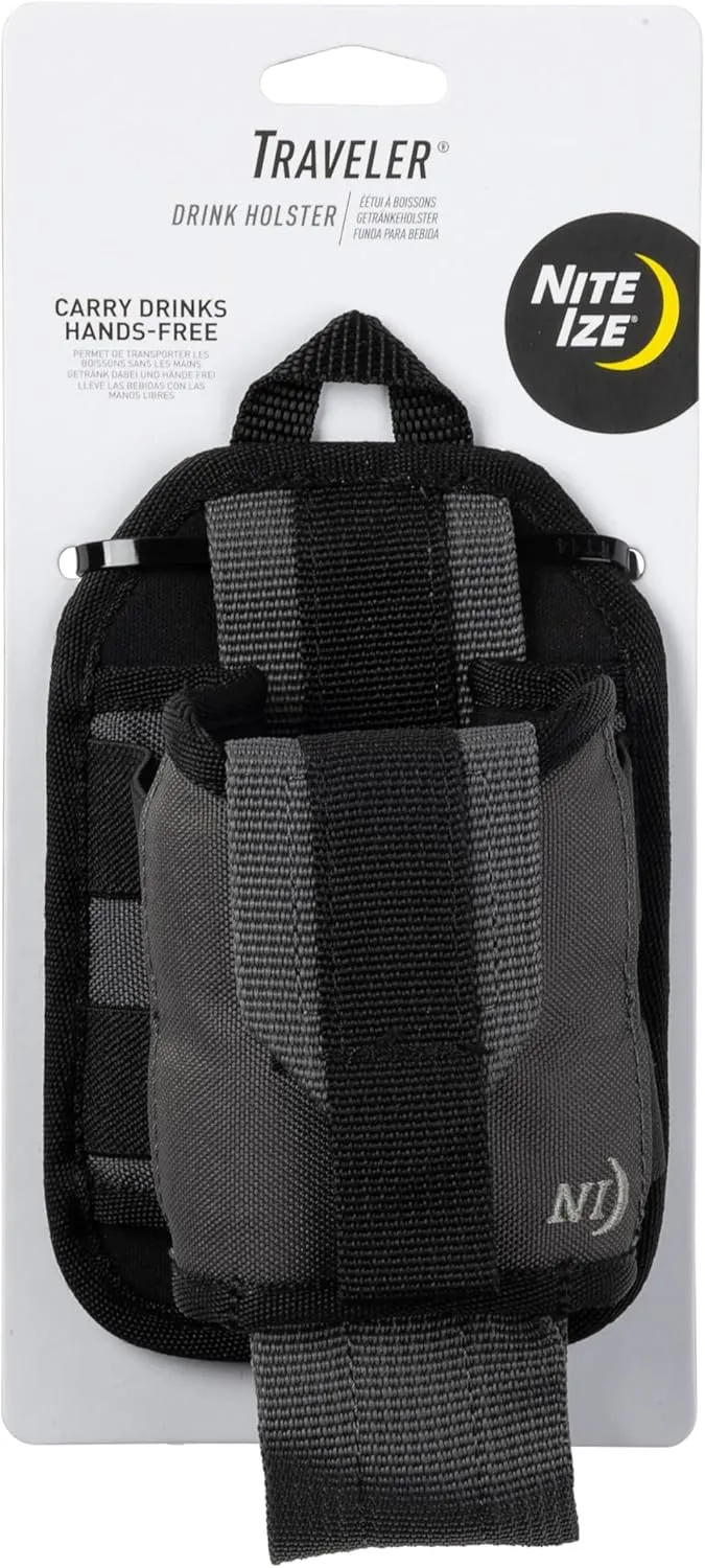 Nite Ize Traveler Drink Holster - Traveler & Water Bottle Holder for Hands-Free Use - Drink Pouch Holster for Waistbands & Belts - Adjustable Beverage Holder with Rotating Clip - Black