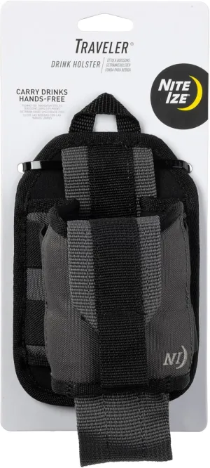 Nite Ize Traveler Drink Holster - Traveler & Water Bottle Holder for Hands-Free Use - Drink Pouch Holster for Waistbands & Belts - Adjustable Beverage Holder with Rotating Clip - Black