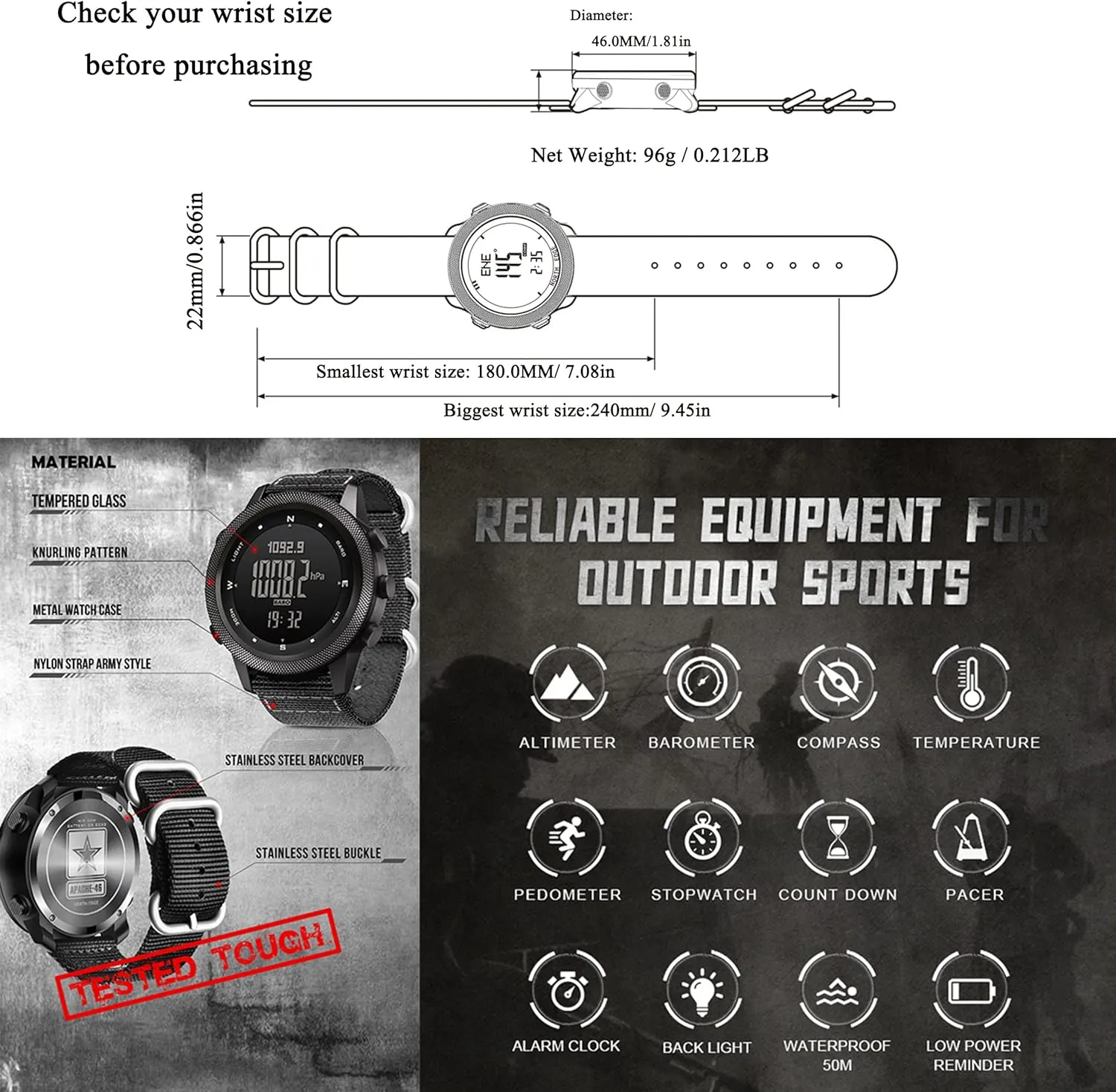 NORTH EDGE Military-Watch for Men - Tactical Survival Watch, Men's Women's Digital Wrist Watches for Sports Outdoors, Pedometer, Compass, Calories, Durable Nylon Band