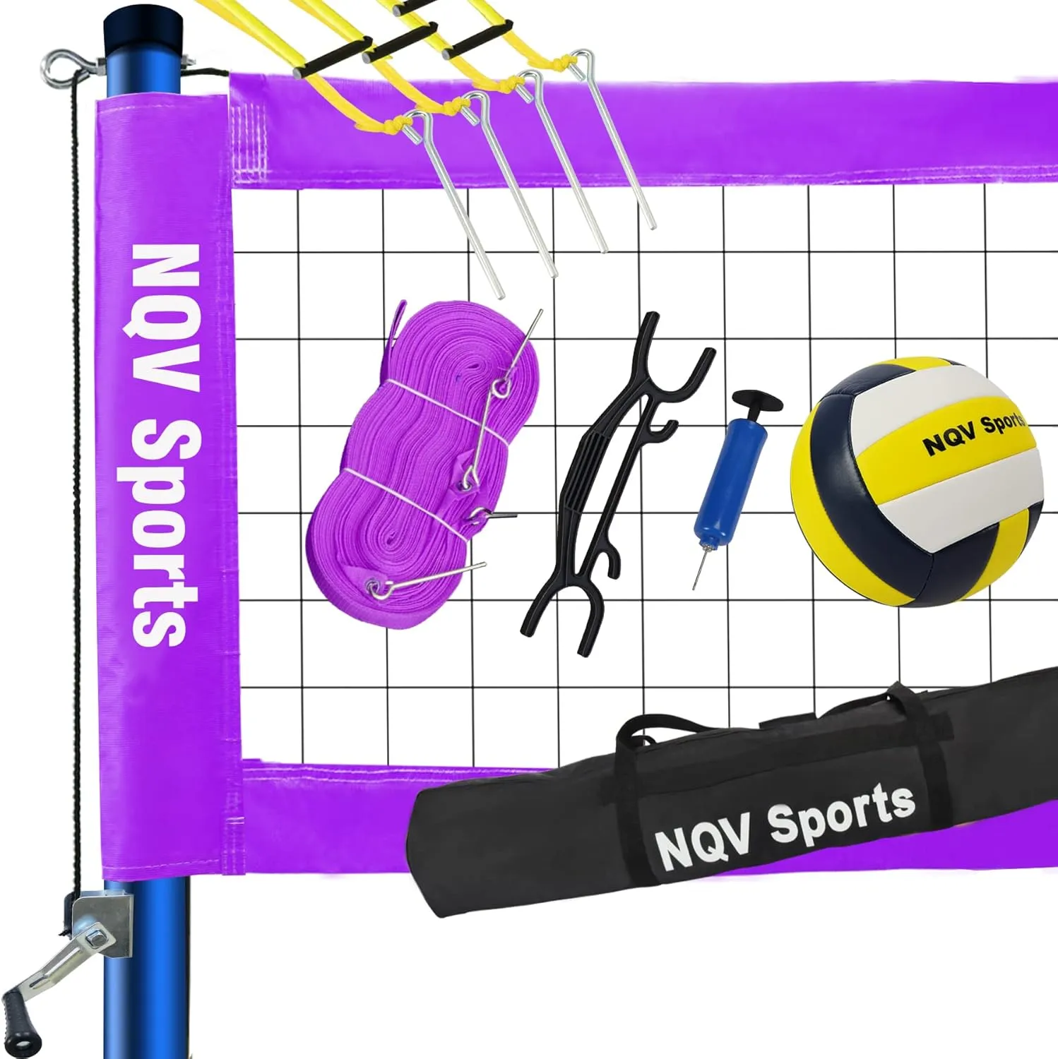 NQV Professional Portable Outdoor Volleyball Net Set with Adjustable 3 Levels Height Steel Poles, Anti-sag System,Volleyball,Pump,Boundary Line and Carrying Bag for Backyard