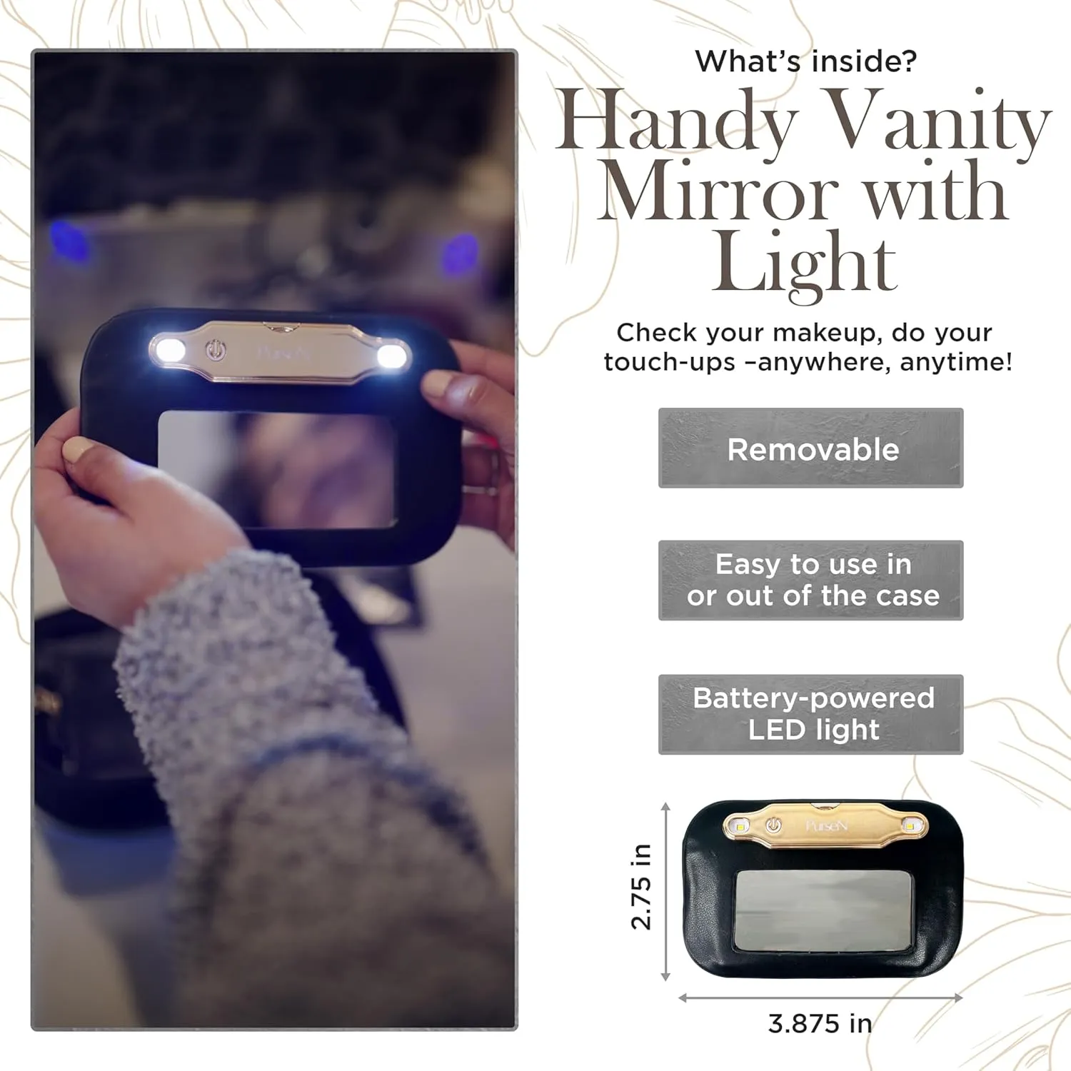OFT 2024 LITTMINI Lighted Mirror Case - Small Makeup Bag with Detachable Mirror & Multiple Pouches for Organization - Vegan Leather, Mini Makeup Bag Ideal for Travel & Everyday Essentials (Black)