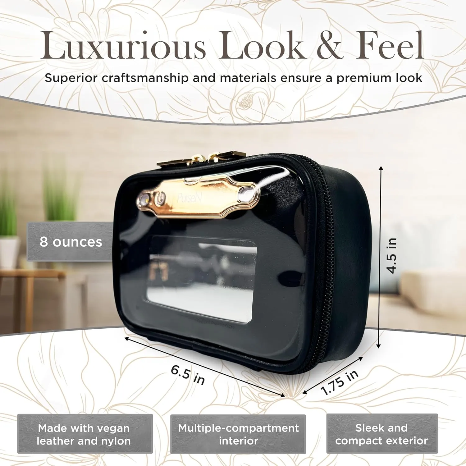 OFT 2024 LITTMINI Lighted Mirror Case - Small Makeup Bag with Detachable Mirror & Multiple Pouches for Organization - Vegan Leather, Mini Makeup Bag Ideal for Travel & Everyday Essentials (Black)