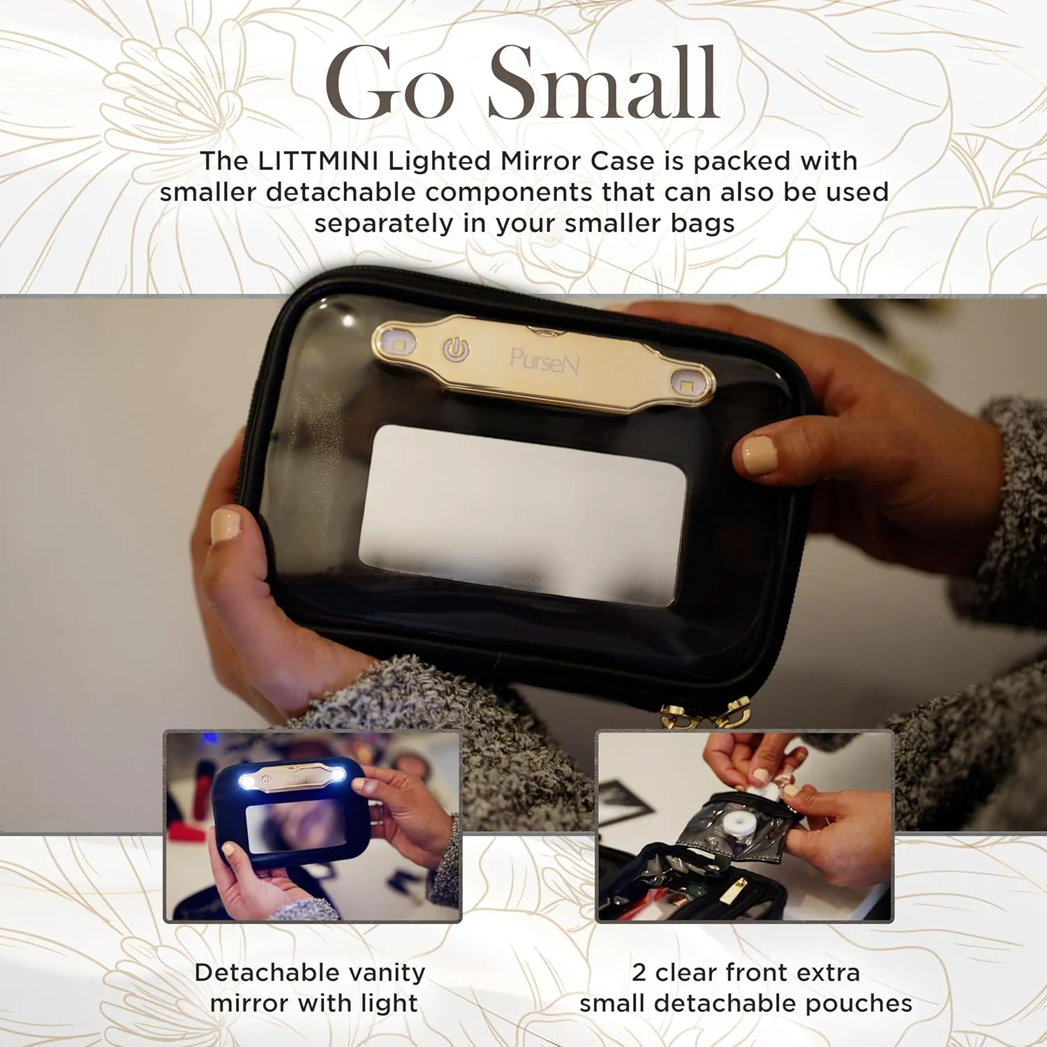 OFT 2024 LITTMINI Lighted Mirror Case - Small Makeup Bag with Detachable Mirror & Multiple Pouches for Organization - Vegan Leather, Mini Makeup Bag Ideal for Travel & Everyday Essentials (Black)