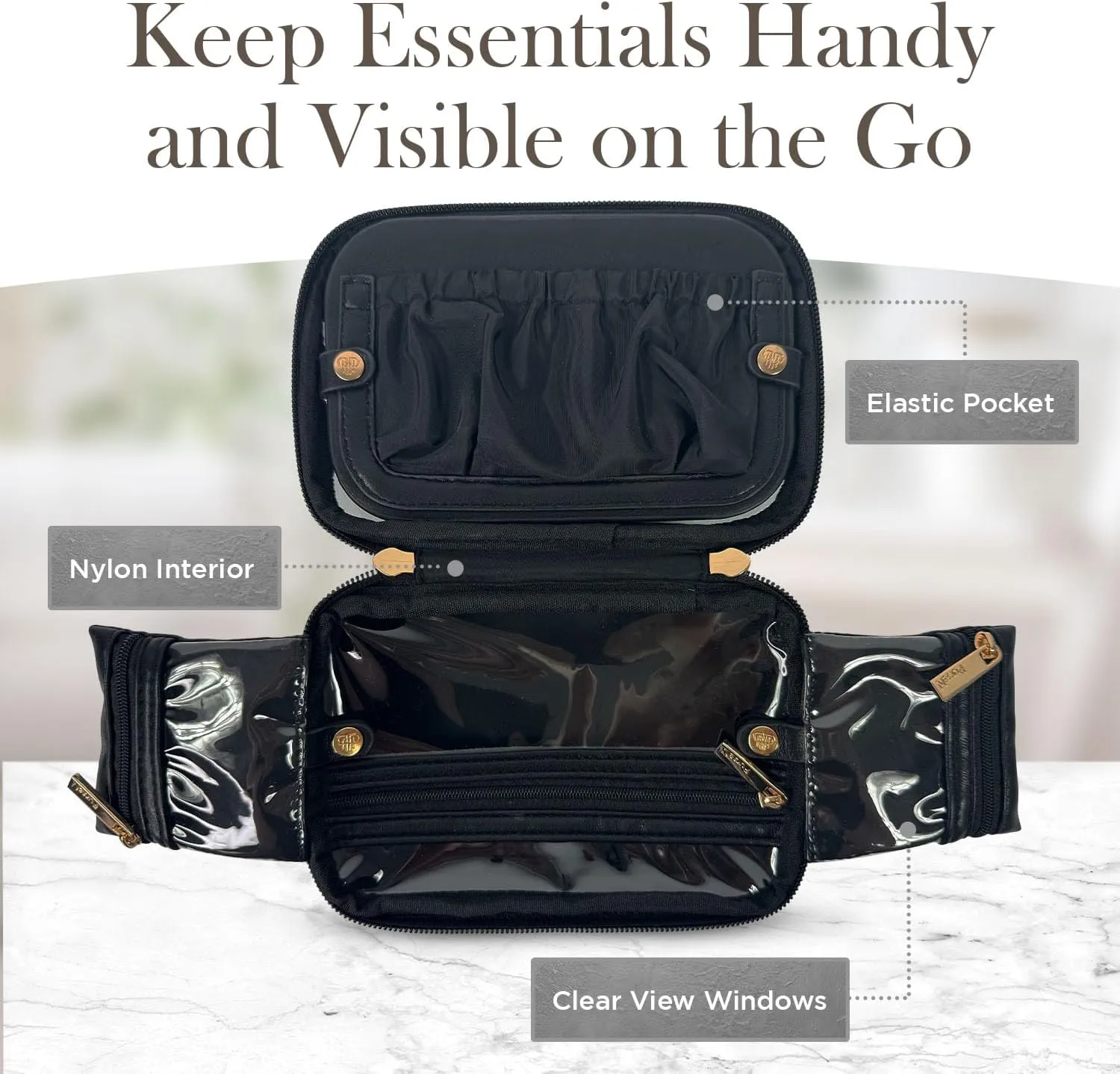 OFT 2024 LITTMINI Lighted Mirror Case - Small Makeup Bag with Detachable Mirror & Multiple Pouches for Organization - Vegan Leather, Mini Makeup Bag Ideal for Travel & Everyday Essentials (Black)