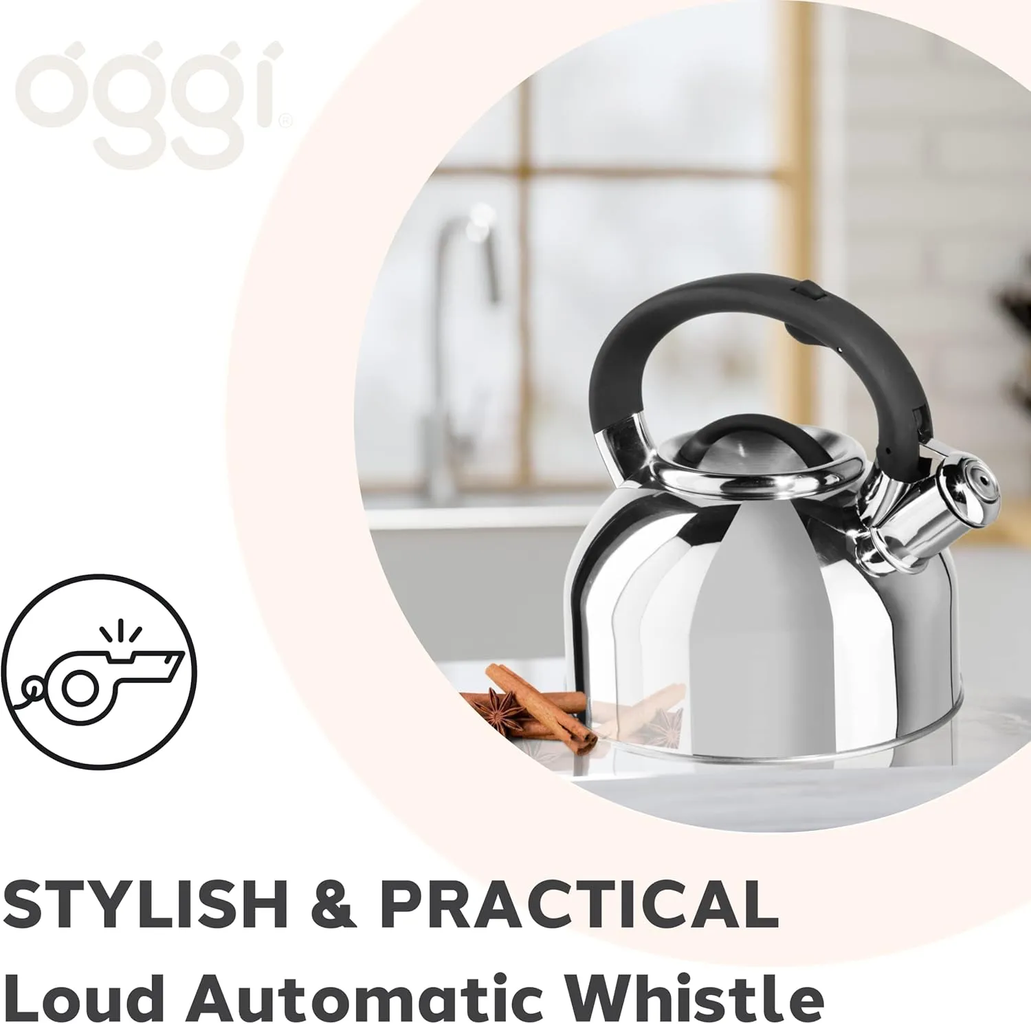 OGGI Tea Kettle for Stove Top - 64oz / 1.9lt, Stainless Steel with Loud Whistle, Ideal Hot Water Kettle and Water Boiler - Silver Mirror