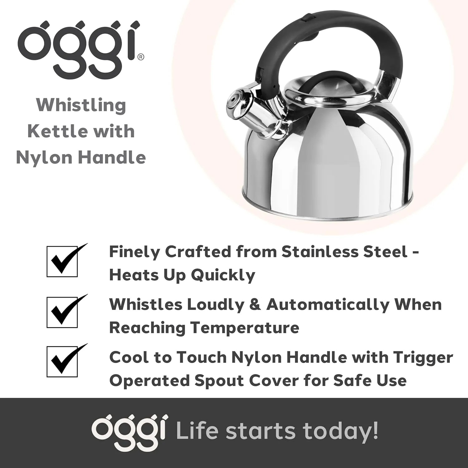 OGGI Tea Kettle for Stove Top - 64oz / 1.9lt, Stainless Steel with Loud Whistle, Ideal Hot Water Kettle and Water Boiler - Silver Mirror