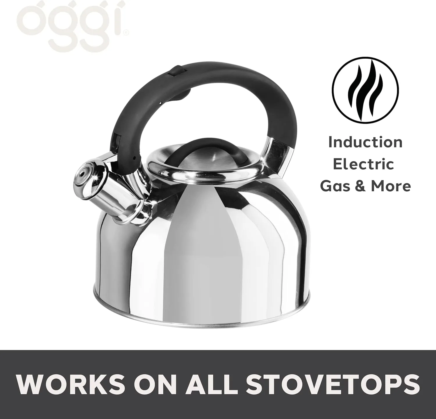 OGGI Tea Kettle for Stove Top - 64oz / 1.9lt, Stainless Steel with Loud Whistle, Ideal Hot Water Kettle and Water Boiler - Silver Mirror