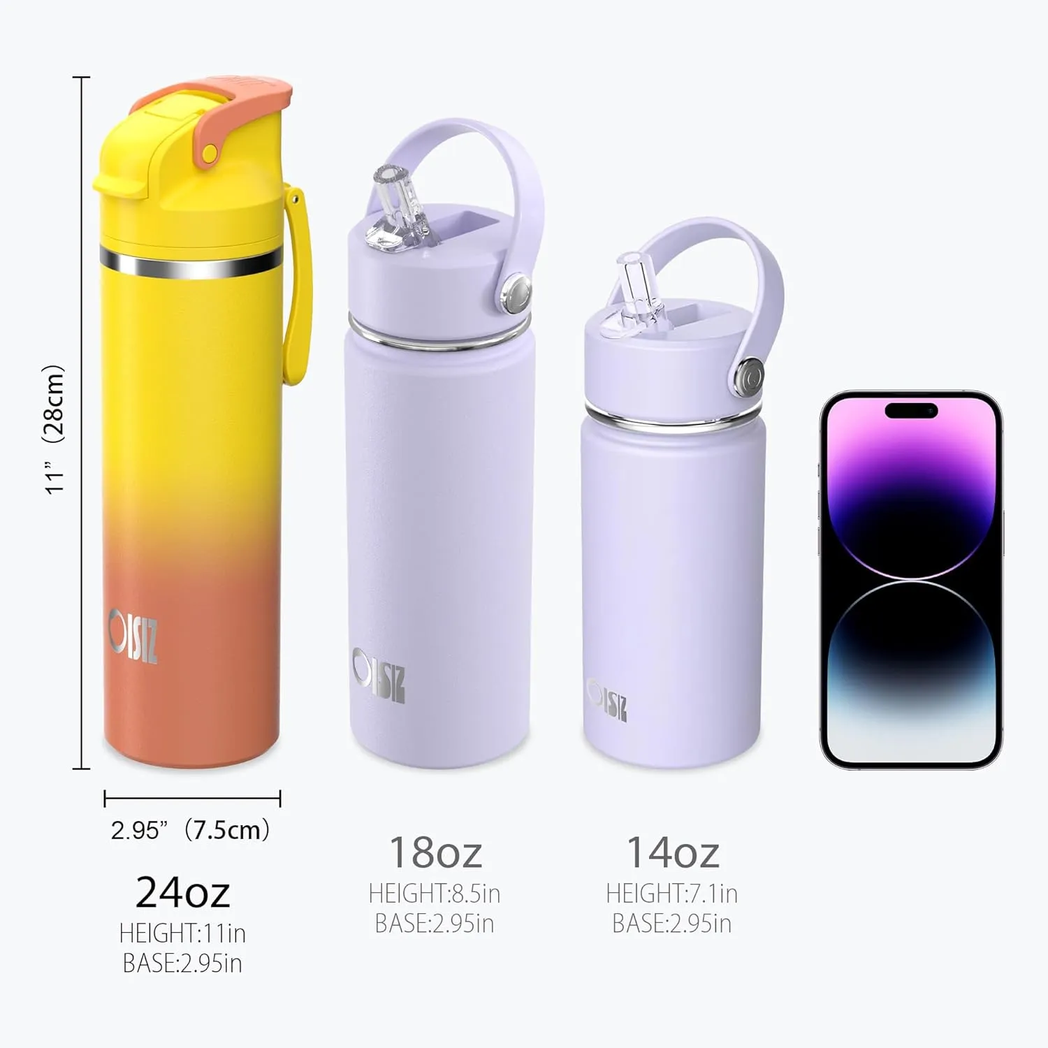 OISIZ Insulated Water Bottle 24 oz with 2-in-1 Straw and Swig Lid, Leakproof and BPA Free, Keep Cold 24H, Vacuum Stainless Steel Water Bottle for School, Travel and Sports, All Dishwasher Safe