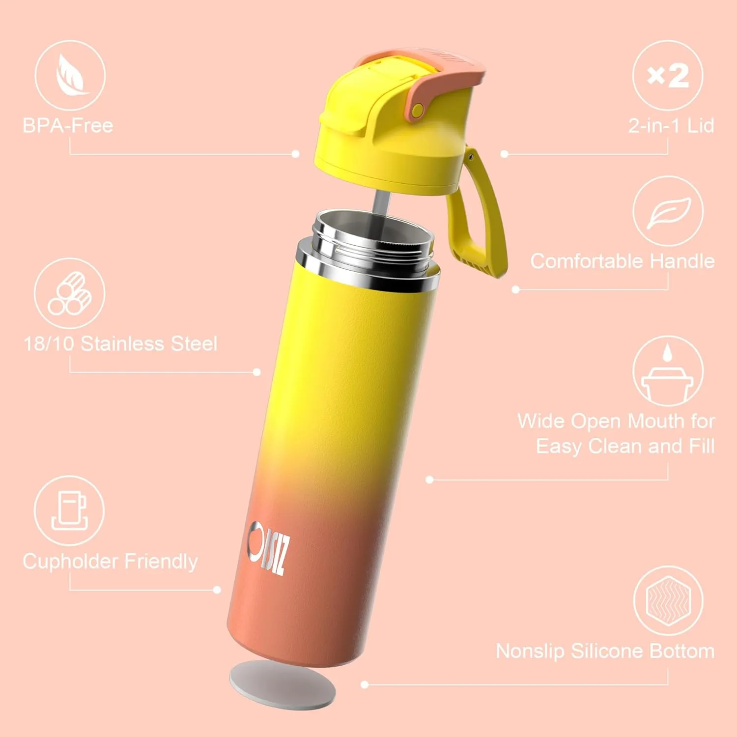 OISIZ Insulated Water Bottle 24 oz with 2-in-1 Straw and Swig Lid, Leakproof and BPA Free, Keep Cold 24H, Vacuum Stainless Steel Water Bottle for School, Travel and Sports, All Dishwasher Safe