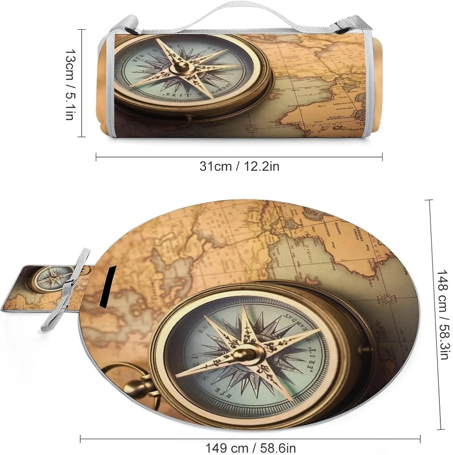Old Compass Picnic Blankets, 3 Layer Picnic Mat,Foldable Lightweight Camping Blanket for Camping, Hiking,Beach,Grass