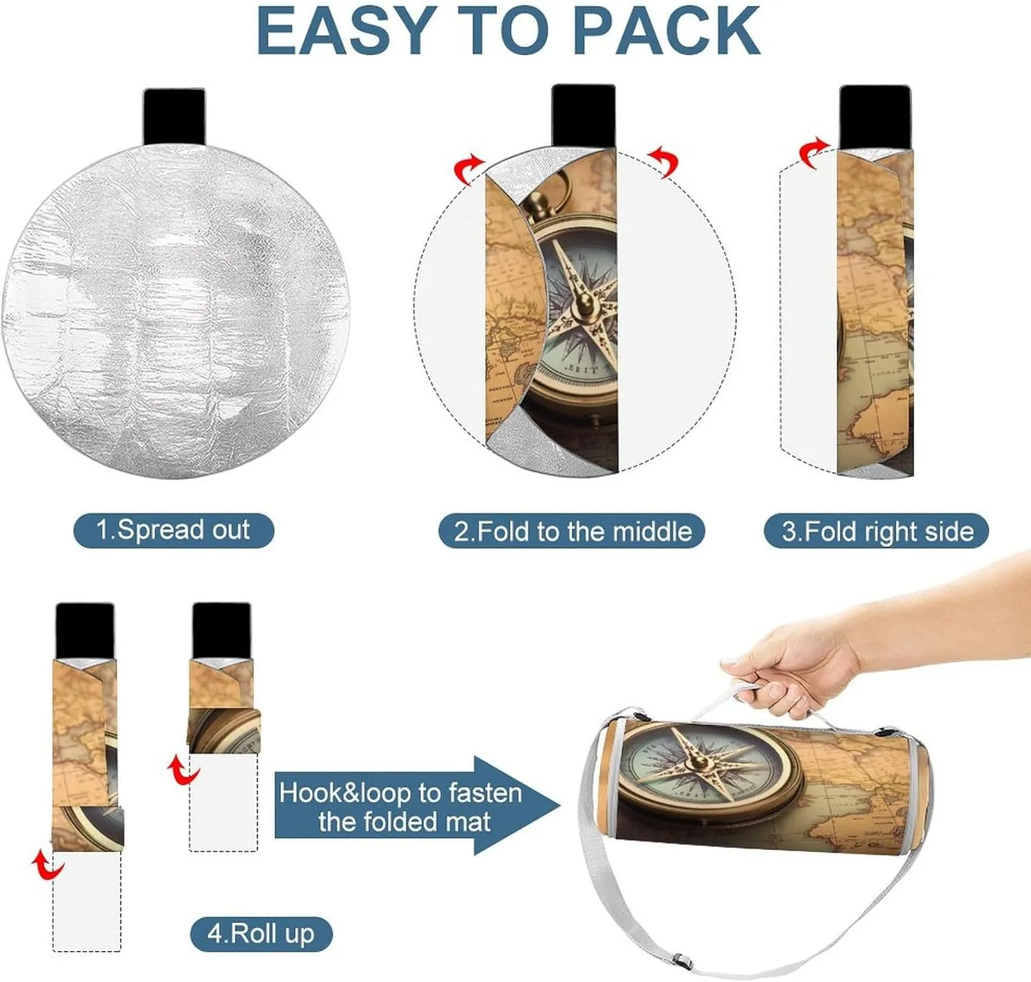 Old Compass Picnic Blankets, 3 Layer Picnic Mat,Foldable Lightweight Camping Blanket for Camping, Hiking,Beach,Grass