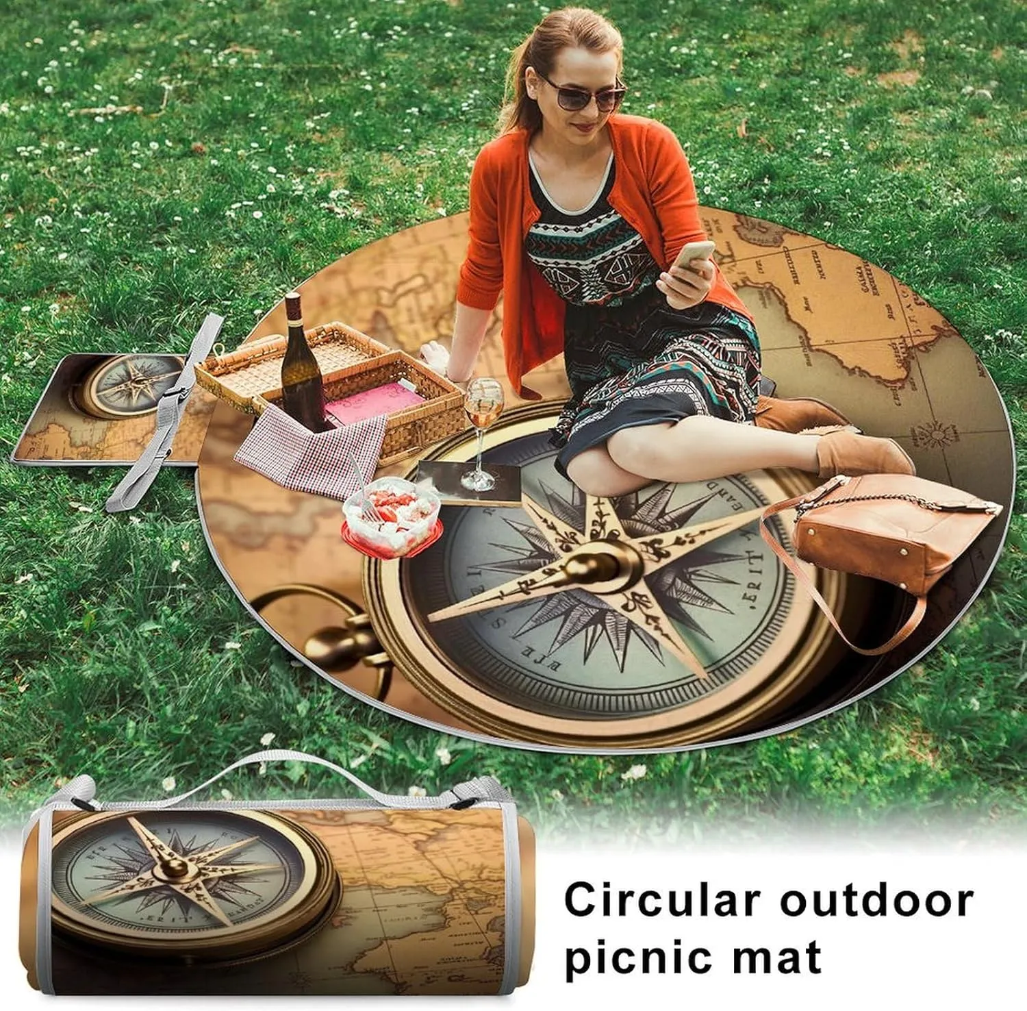 Old Compass Picnic Blankets, 3 Layer Picnic Mat,Foldable Lightweight Camping Blanket for Camping, Hiking,Beach,Grass