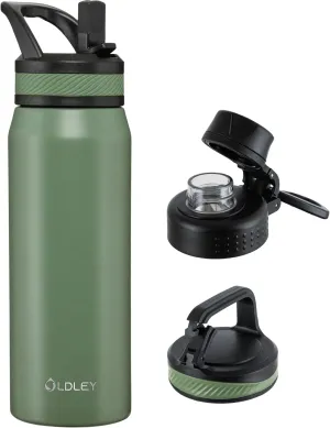 OLDLEY 24 oz Insulated Water Bottle With Straw, Stainless Steel Sports Water Cup Flask with 3 Lids(Straw, Spout and Handle Lid) Double Walled Travel Thermal Canteen Mug,Army Green