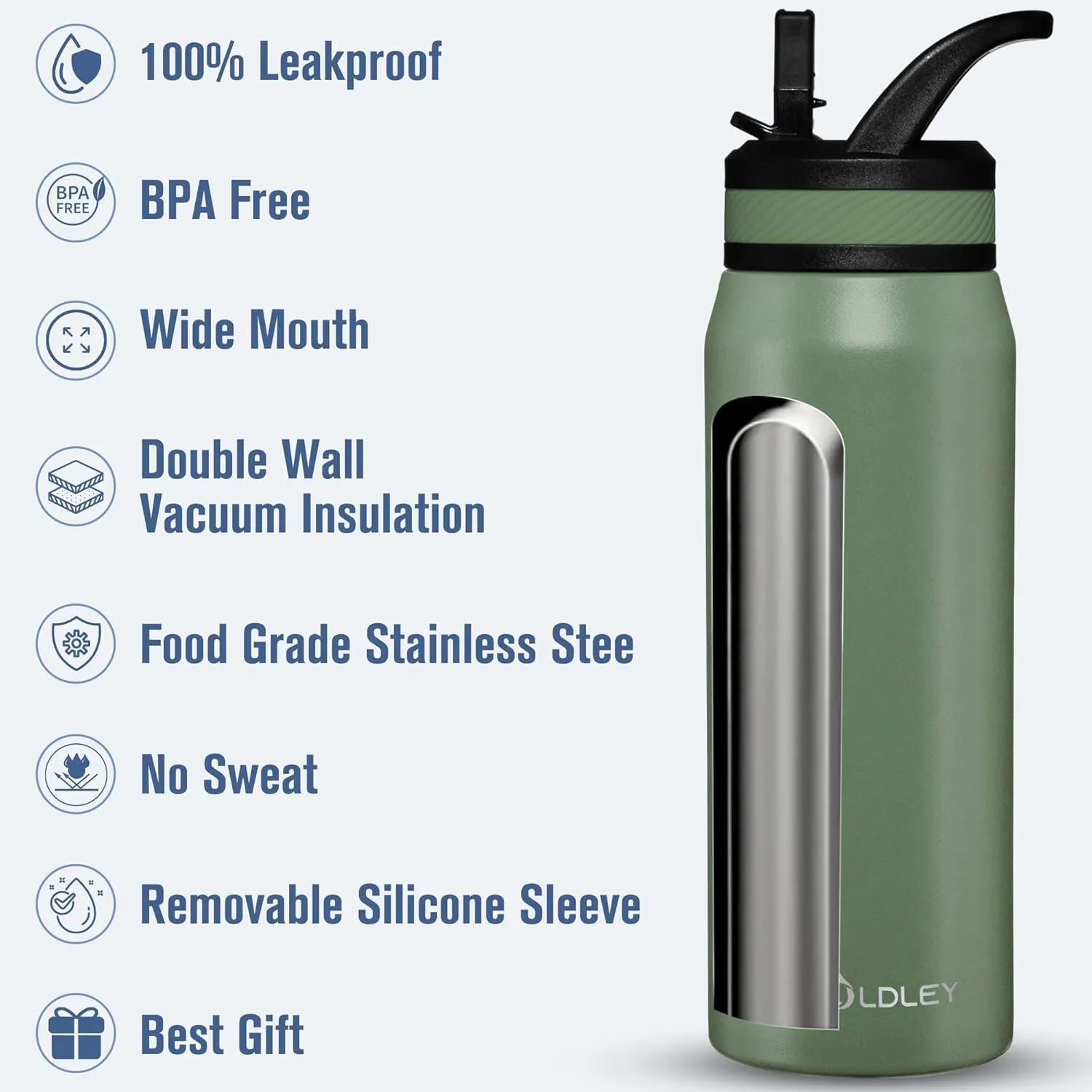 OLDLEY 24 oz Insulated Water Bottle With Straw, Stainless Steel Sports Water Cup Flask with 3 Lids(Straw, Spout and Handle Lid) Double Walled Travel Thermal Canteen Mug,Army Green