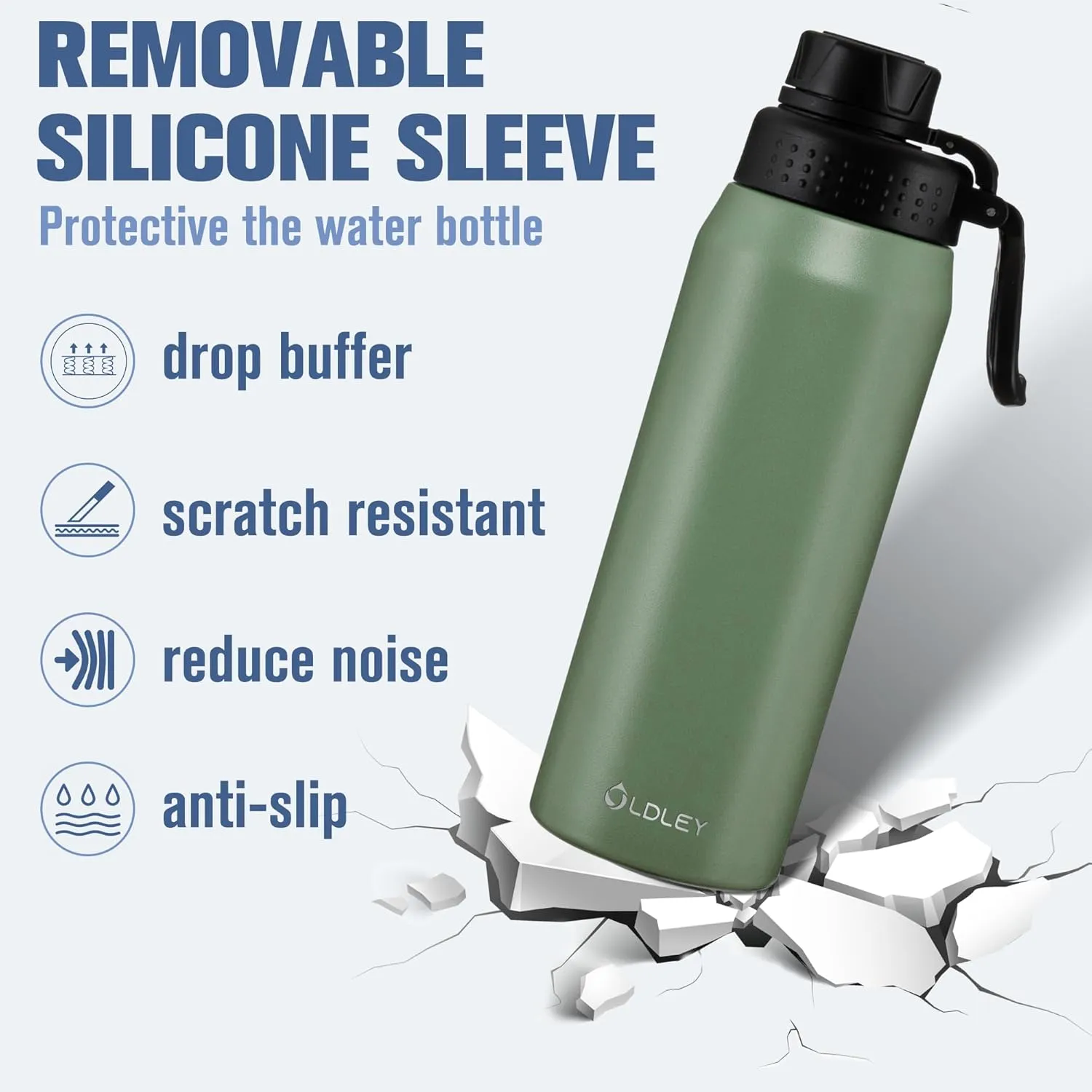 OLDLEY 24 oz Insulated Water Bottle With Straw, Stainless Steel Sports Water Cup Flask with 3 Lids(Straw, Spout and Handle Lid) Double Walled Travel Thermal Canteen Mug,Army Green