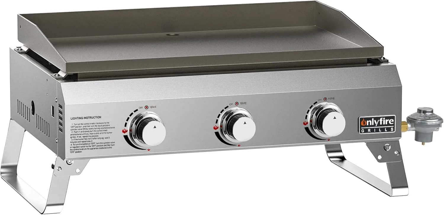 Onlyfire Flat Top Gas Griddle, 3-Burner Tabletop BBQ Propane Gas Grill Griddle, Portable Griddle for Outdoor Cooking Kitchen, Tabletop Griddle for BBQ Grill Camping Tailgating RV