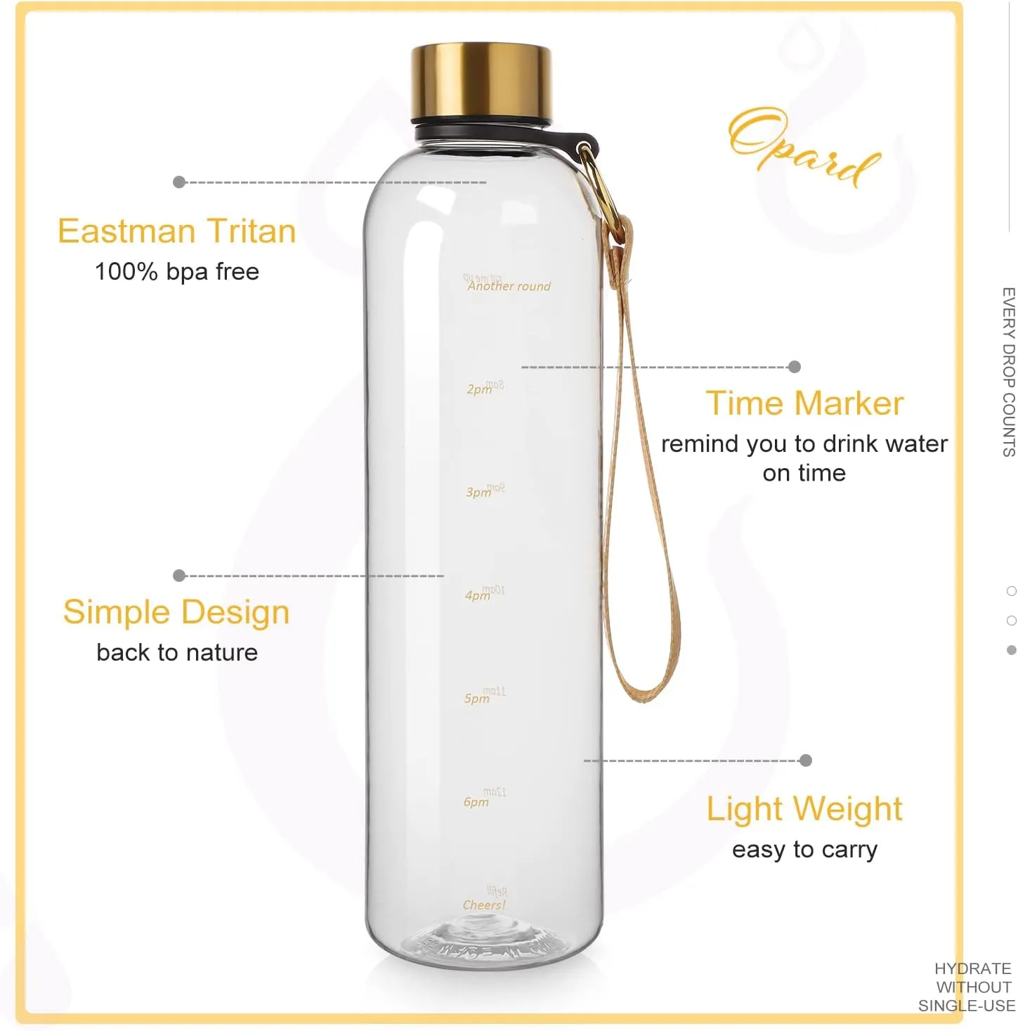 Opard 27oz/32oz Motivational Water Bottle with Time Marker to Drink, Reusable Plastic Bottle with BPA Free Tritan for Gym and Sports